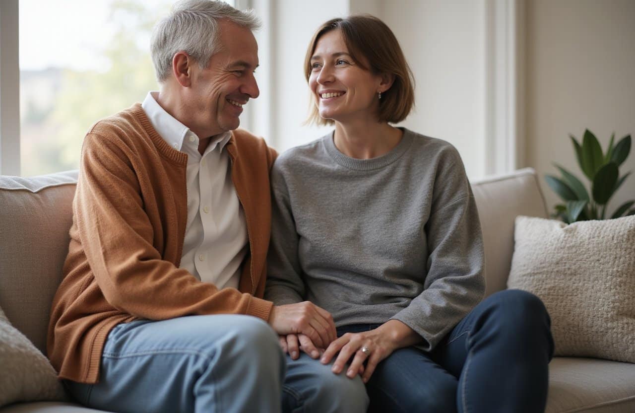 an old man and woman holding hands smiling at each other sitting on a comfy sofa