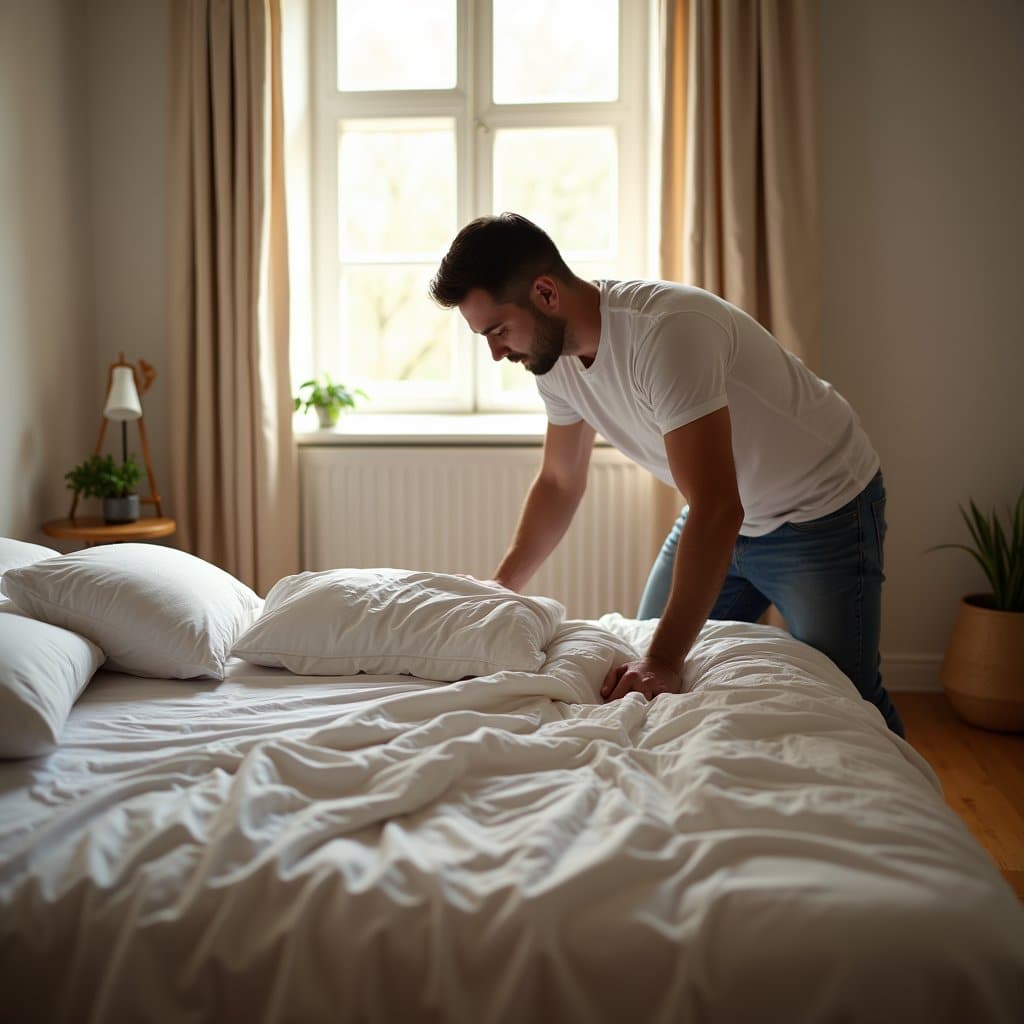 A man making his bed inside an inpatient facility