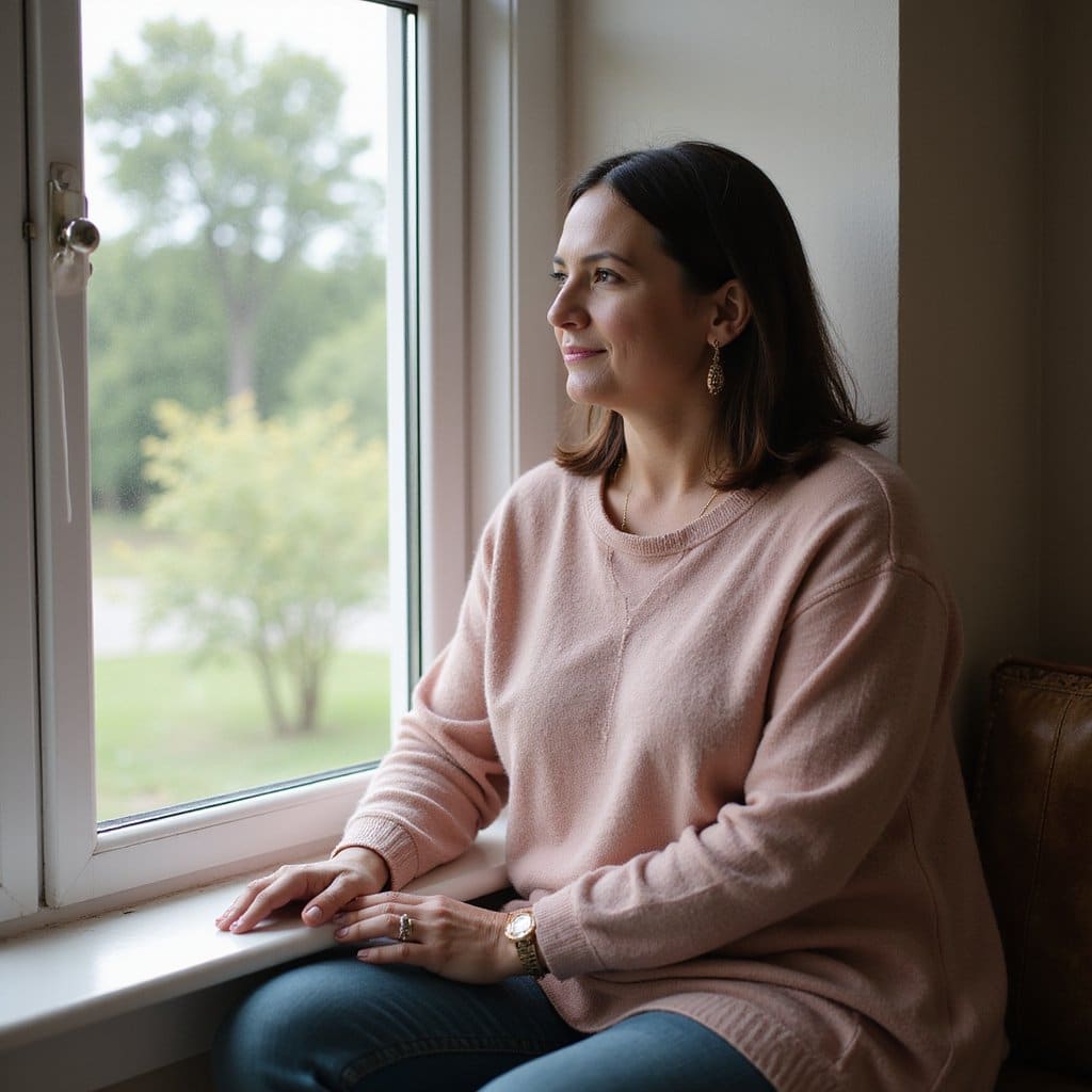 Woman sitting by the window looking outside