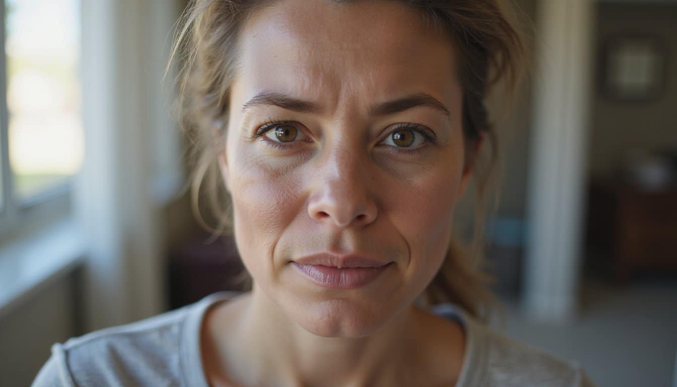 Adult face in a warm, softly lit recovery environment with realistic texture