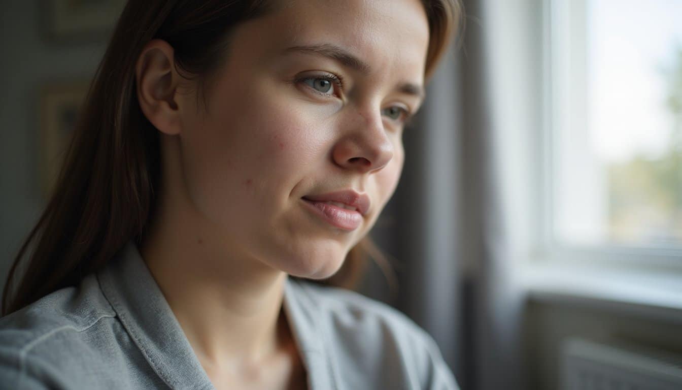 Adult in treatment lit by natural light, showing subtle emotion and realism