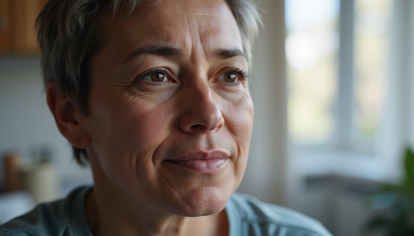 Adult face in soft natural window light showing quiet reflection and emotional fatigue