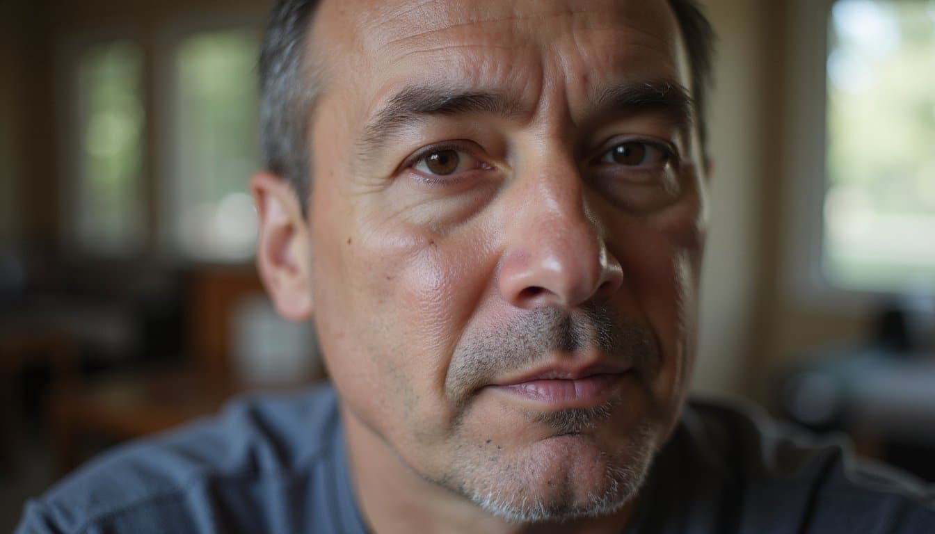 Close-up portrait of an adult with a calm, tired expression in a residential treatment setting