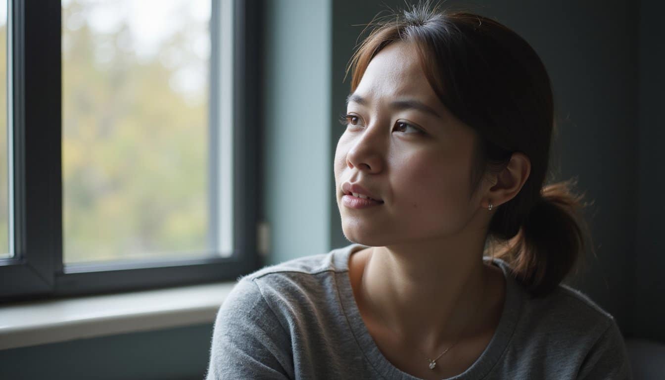 Person in heroin detox sitting by a window in a residential rehab room