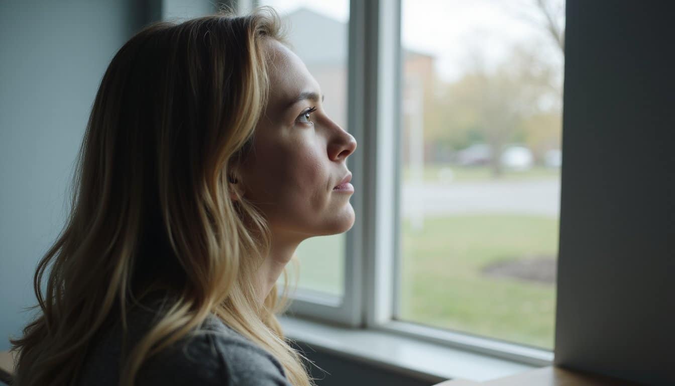 Side profile of a person in a rehab detox room with soft sunlight