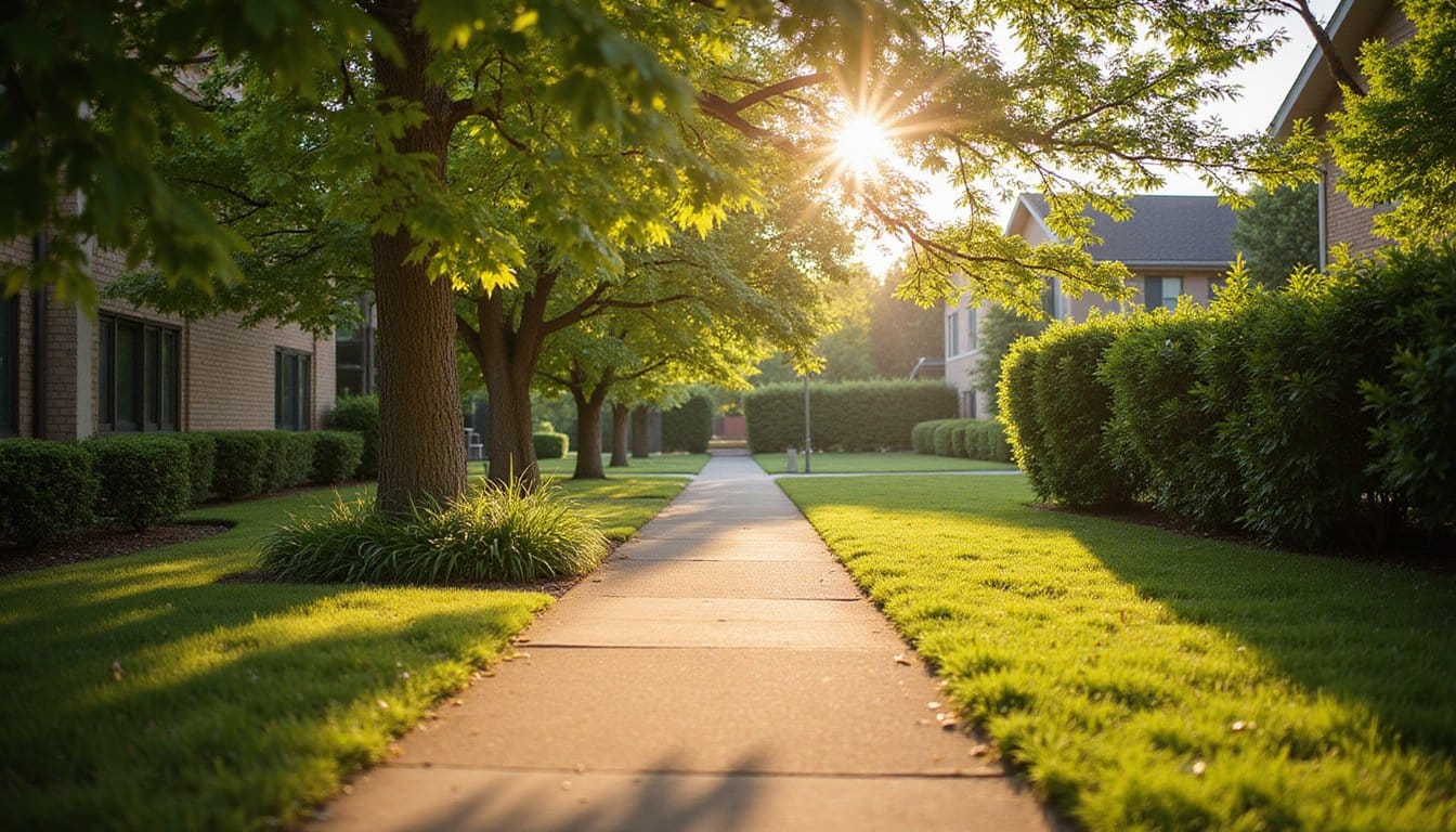 Natural garden pathway on residential treatment grounds during golden hour