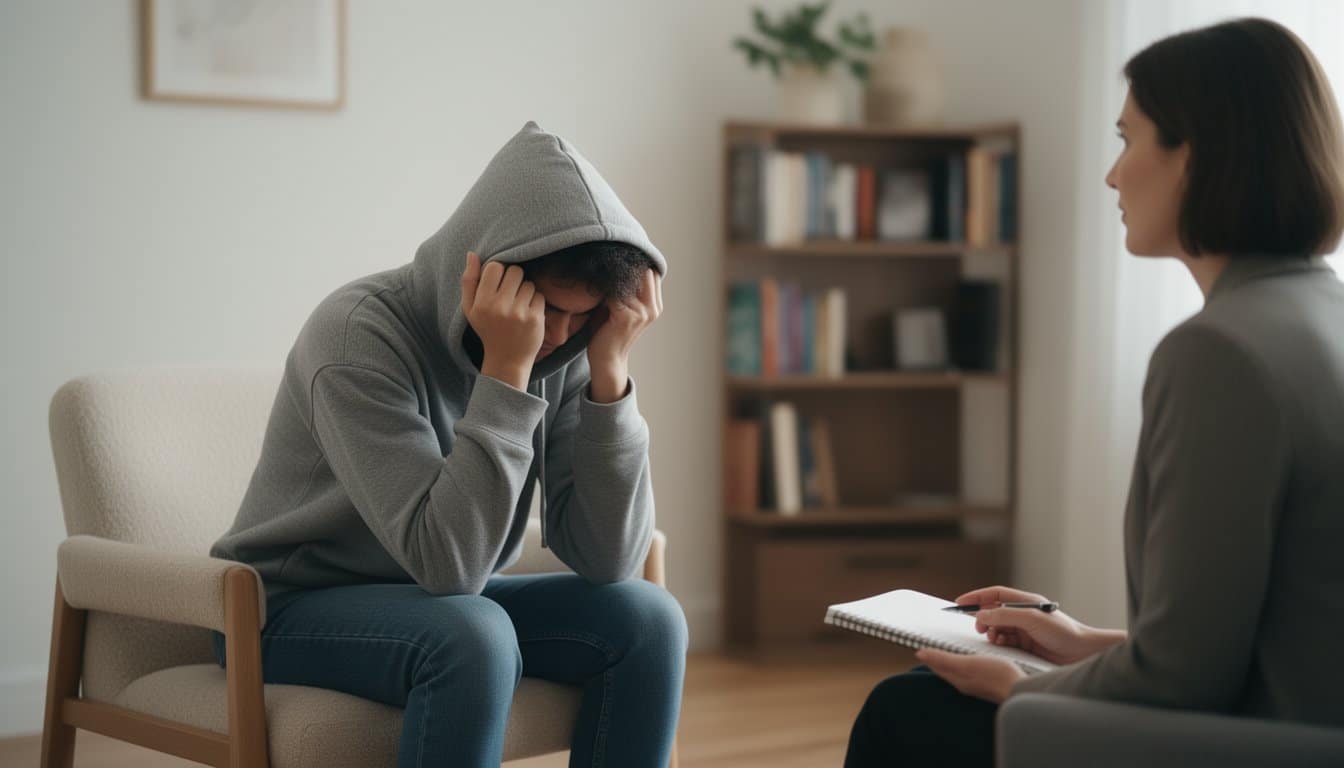 Person expressing fear while speaking to another in meth detox setting